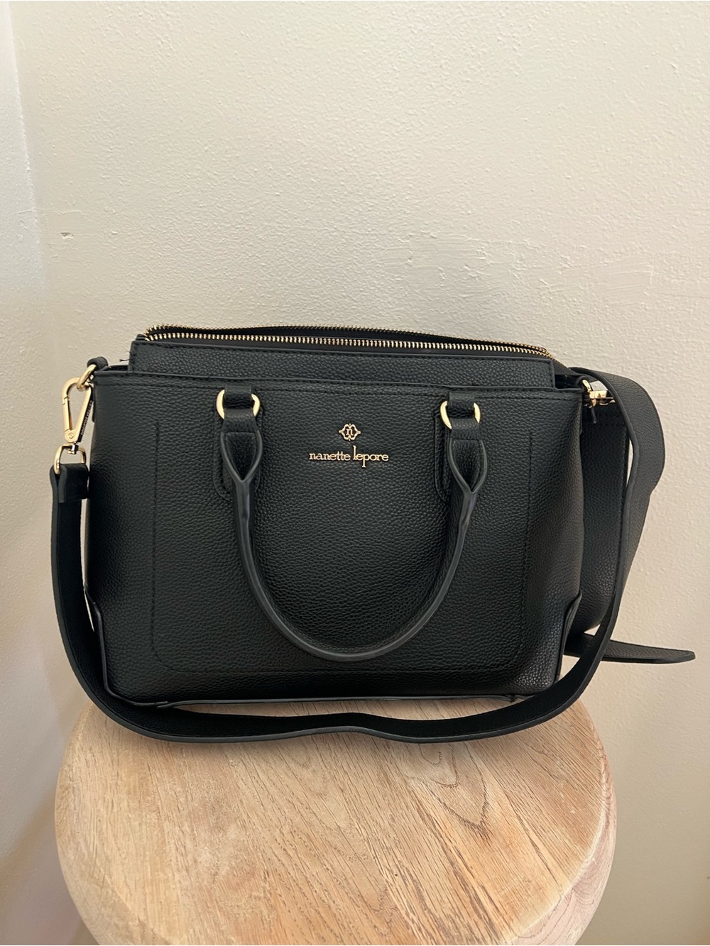 Nanette Lepore Black Leather Satchel with Gold Hardware